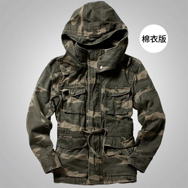 冬季加厚迷彩棉服多口袋连帽迷彩衣男士中长款外套户M65军大衣潮