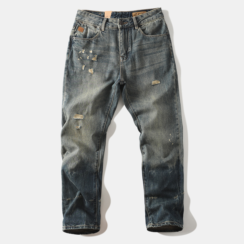 重磅复古赤耳牛仔裤洗水做旧日系直筒男休闲长裤子美式破洞潮烂厚
