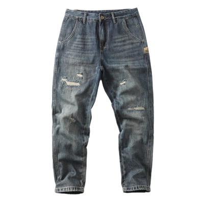 日系复古贴布破洞牛仔裤男水洗做旧直筒宽松春秋裤子纯棉有大码潮