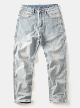 日系复古美式休闲长裤子水洗浅蓝色男士牛仔裤直筒宽松弹力磨白潮