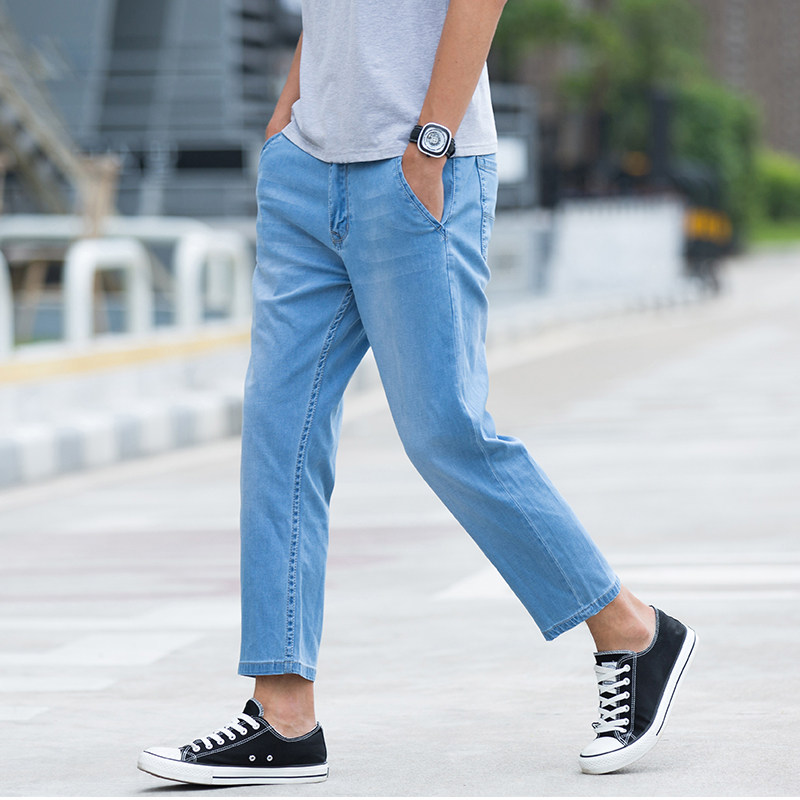 夏季薄款九分牛仔裤高弹力直筒宽松9分裤男士休闲裤浅蓝拉链口袋,男装,牛仔裤,淘宝优惠券,粉丝福利购,淘宝优惠卷