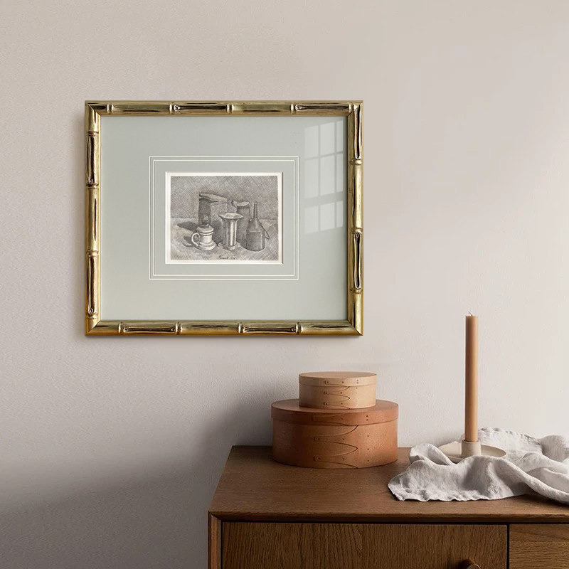 vintage欧式复古装饰画 莫兰迪素描手稿静物花瓶挂画 实木框挂画