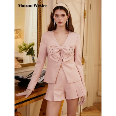 Maison Wester2026夏新品浅粉水钻蝴蝶结短款通勤外套
