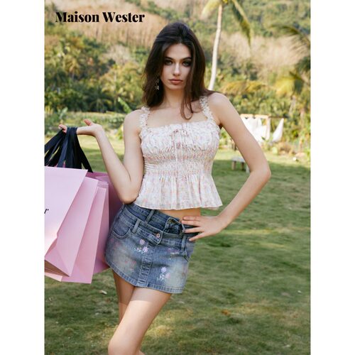 Maison Wester2026夏新品蕾丝花边收腰上衣闪片碎花甜酷牛仔短裤