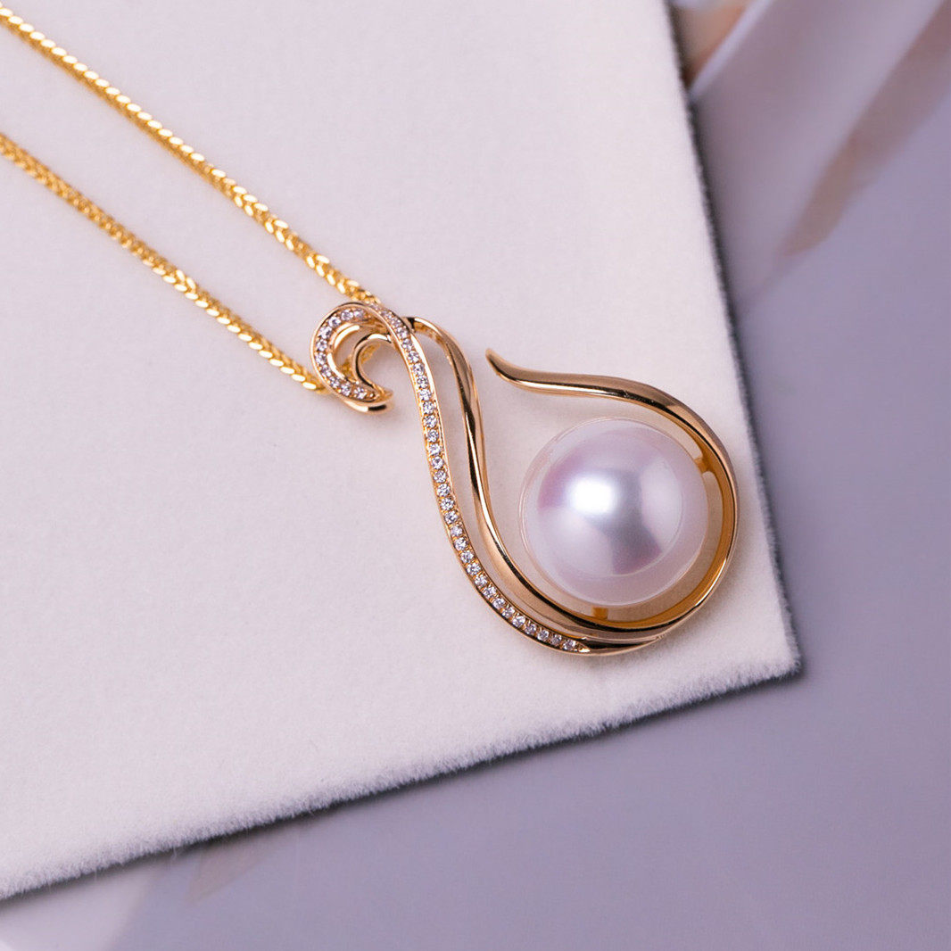 正品大澳白海水珍珠吊坠项链18K黄金镶南非钻石高级大气时尚强光