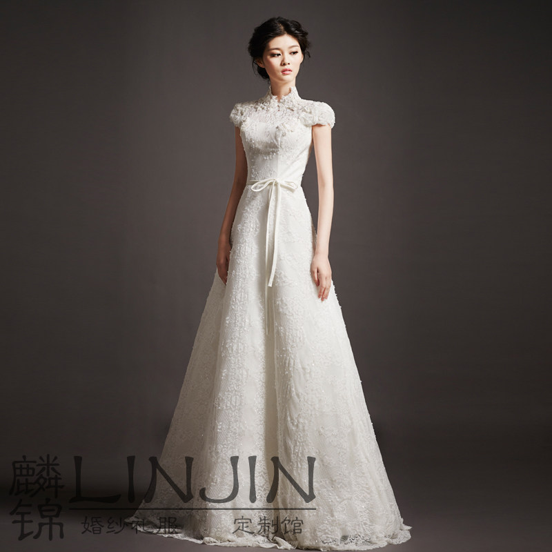 麟锦尼罗河婚纱2019新款保守高领不露背齐地披肩蕾丝遮手臂新娘
