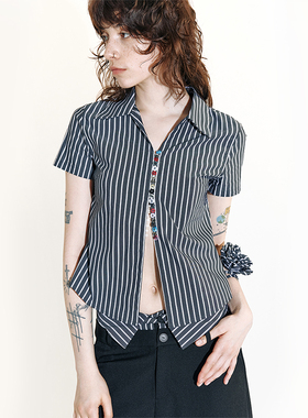 MoingMovingMoving 复古竖条纹短袖衬衫女春装撞色纽扣设计感衬衣