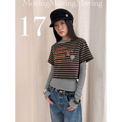 MovingMovingMoving 假两件条纹撞色印花打底T恤