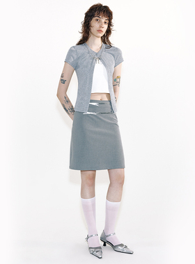 MovingMovingMoving 灰色条纹西装半裙含蝴蝶结腰带