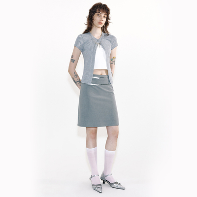 MovingMovingMoving 灰色条纹西装半裙含蝴蝶结腰带