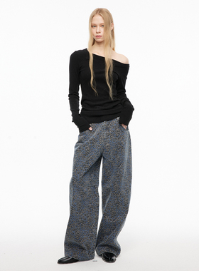 MovingMovingMoving 蓝灰色豹纹牛仔弯刀裤女春装宽松阔腿香蕉裤