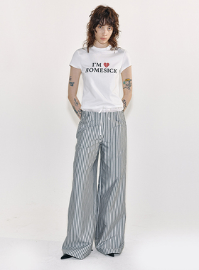 MovingMovingMoving 撞色百搭条纹光泽感低腰显瘦阔腿西裤