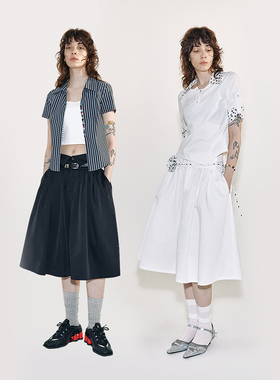 MovingMovingMoving 双腰头百搭A摆蓬松感中裙半裙