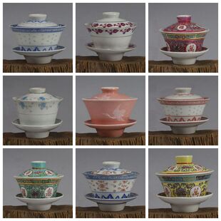 景德镇厂货青花玲珑桃红釉粉彩小红花蓝花万寿无疆颜色釉盖碗茶具