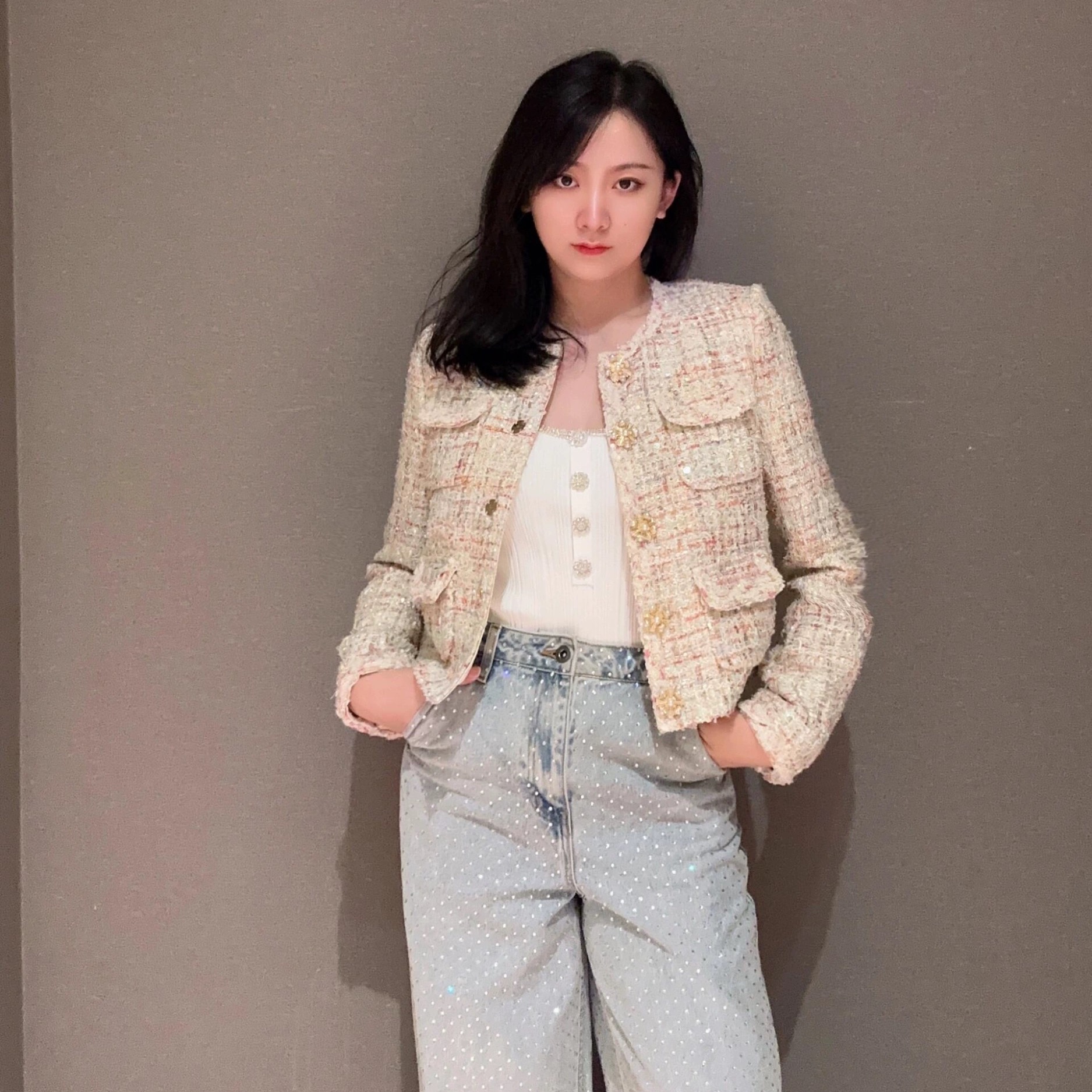 代购Selfportrait 2024秋冬白混色小香风编织花呢外套上衣