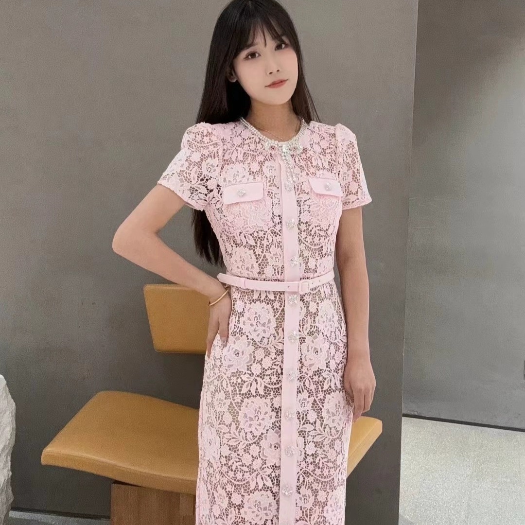 现货Selfportrait 2024早秋新款粉红色甜美钻饰蝴蝶结蕾丝连衣裙