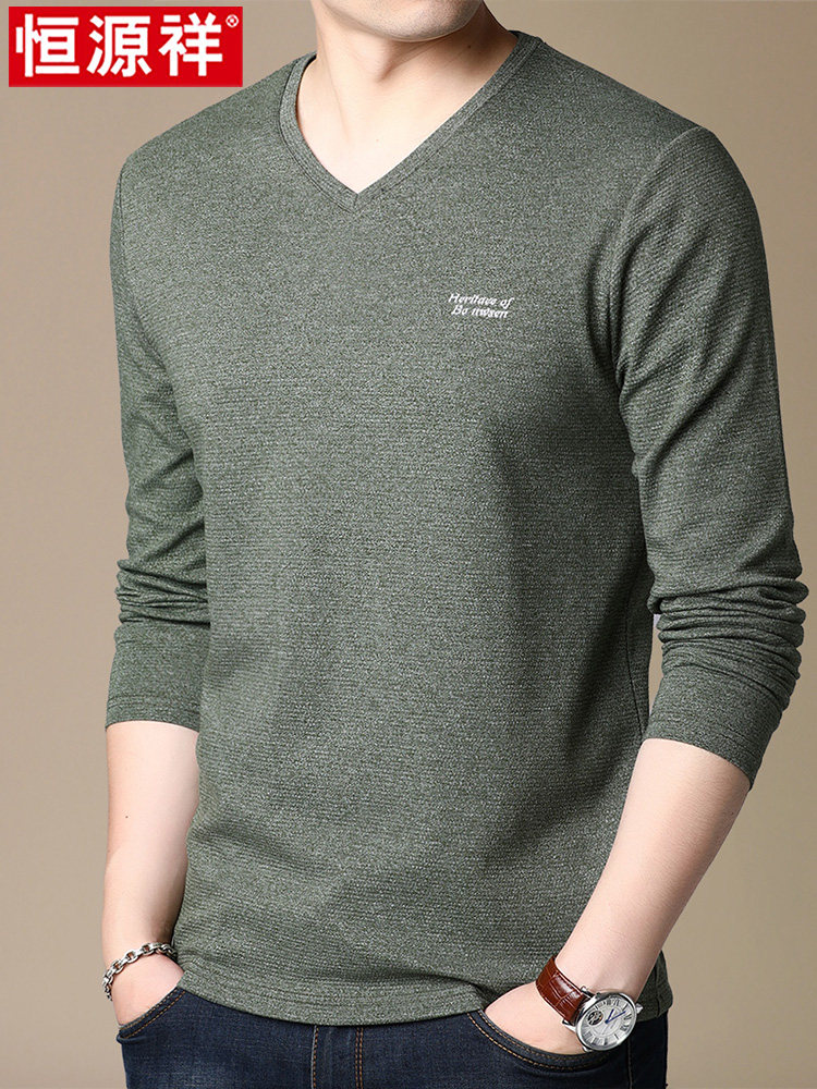 Hengyuanxiang v-neck long-sleeved t-shirt men's spring and autumn bottoming shirt jacket middle-aged casual loose T-shirt dad spring clothes