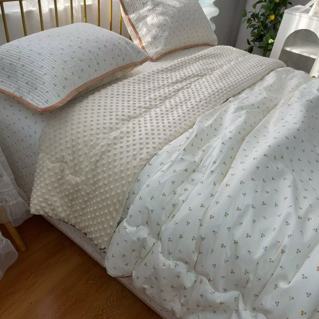 全棉一面纯棉一面绒床盖+同款纯棉豆豆被四季通用