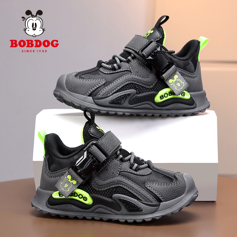 巴布豆男童鞋子磁吸扣中大童皮面跑步鞋秋冬款女孩休闲百搭跑步鞋