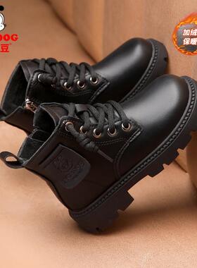 巴布豆男童马丁靴冬季加绒保暖防水皮面儿童黑色棉靴中大童二棉鞋