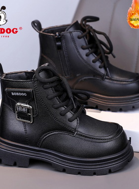 巴布豆女童鞋子黑色马丁靴冬季新款二棉加绒保暖儿童棉靴防滑棉鞋