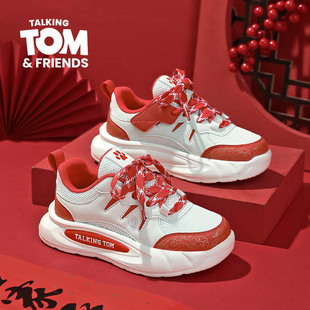 汤姆猫儿童运动鞋新年男女童透气休闲跑步鞋红白配色轻便透气网鞋