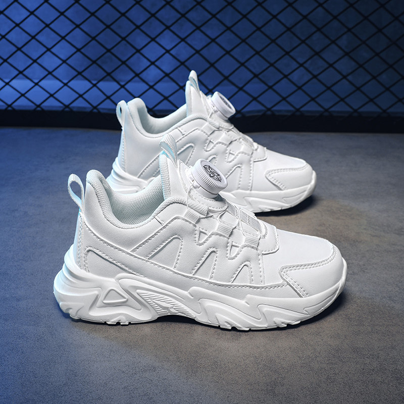 ABCkings男童白色运动鞋秋冬款皮面纽扣跑步鞋小学生儿童跑步网鞋