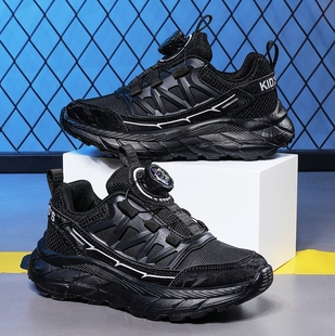 儿童跑步鞋 旋转纽扣防水皮面老爹鞋 秋冬款 ABCkings男童黑色运动鞋