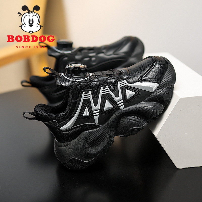 巴布豆男童鞋子秋冬款防水皮面儿童休闲运动鞋软底防滑防臭跑步鞋