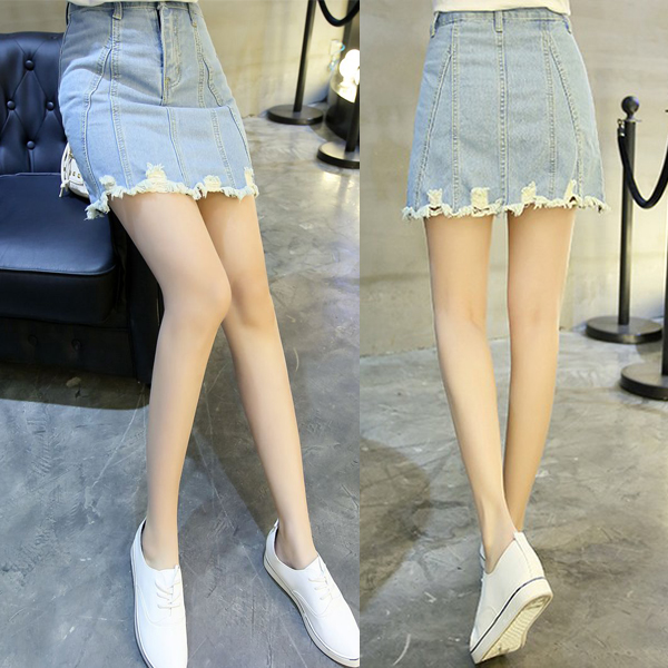 Summer new Korean denim skirt half skirt high waist show thin college A-line skirt hole denim skirt female student