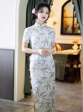 2026春夏新款旗袍素雅清新竹叶印花旗袍民国风短袖修身显瘦女旗袍