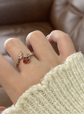 乔治姐姐/复古红色爱心戒甜女仙气小众设计超仙花朵开口戒食指戒