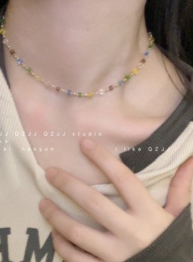 日韩撞色几何彩色方块水晶项链