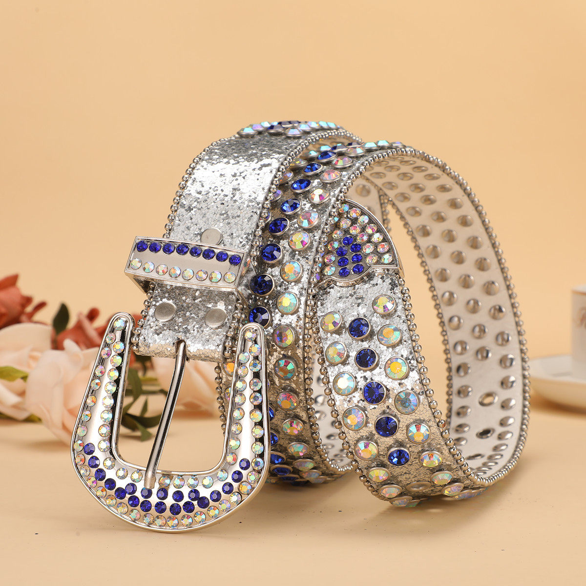 男女款皮带宽皮带镶钻黑钻银色朋克宽腰封嘻哈爆款腰带百搭