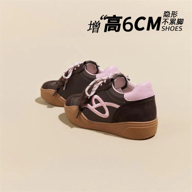 明星同款6CM内增高德训鞋女2026夏新款真皮休闲鞋刺绣系带运动鞋