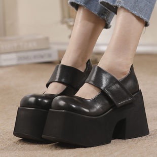 2026春季新款头层牛皮小个子复古增高鞋真皮松糕厚底鞋女浅口单鞋