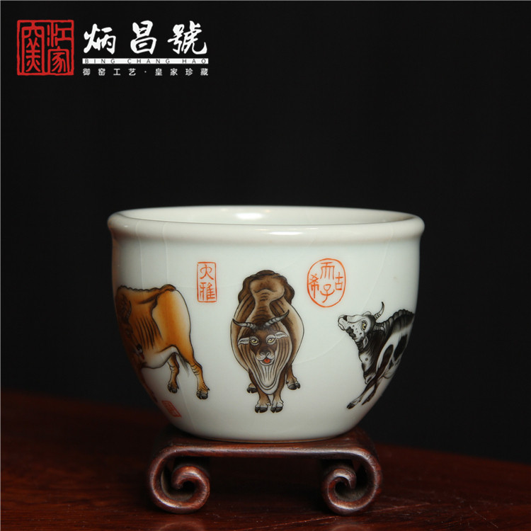 江家窑炳昌號汝窑粉彩五牛图缸杯精工手绘茶杯陶瓷复古主人杯茶具