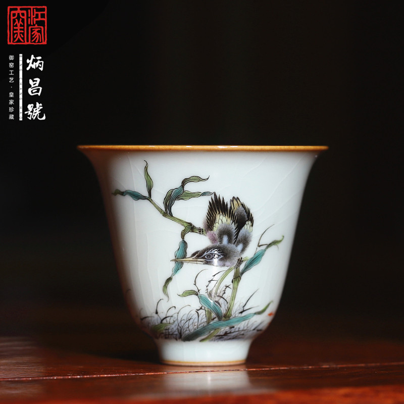 江家窑炳昌号汝窑粉彩翠鸟仰钟杯全手工杯子复古手绘茶杯陶瓷茶具