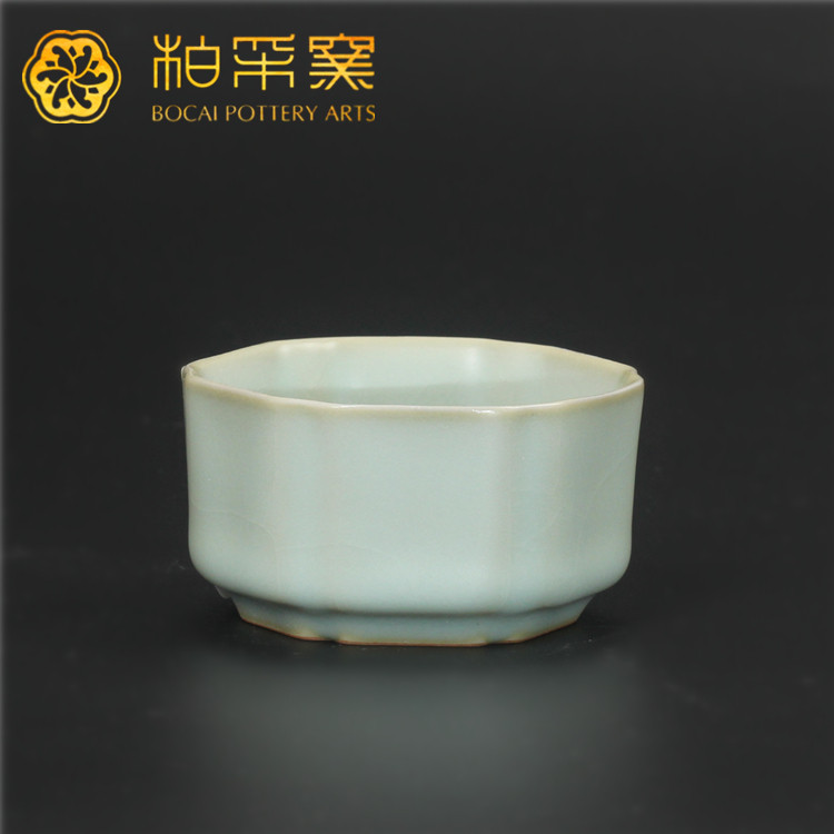 稀缺柏采窑汝窑六棱杯停产老釉粉青复古六方杯全手工茶杯陶瓷茶具