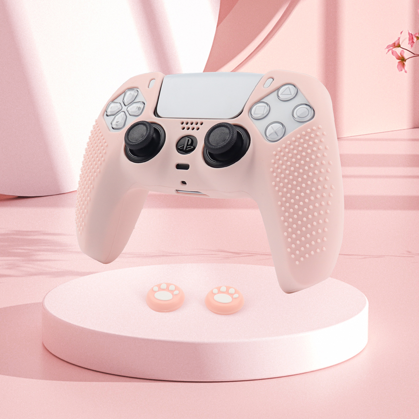PS5可爱粉色带点手柄保护套ps5手柄防滑硅胶套全包防尘猫爪摇杆帽