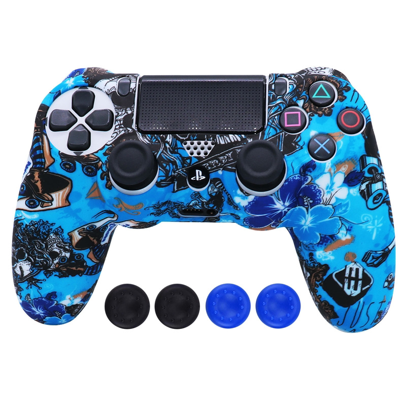 PS4|PS5|XBOX ONE 게임 컨트롤러 보호 커버 파란색 패턴 실리콘 미끄럼 방지 및 낙하 방지 로커 캡 포함