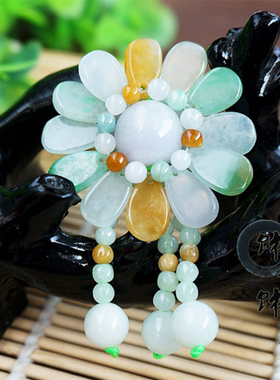 翡翠吊坠三彩花朵项链毛衣链