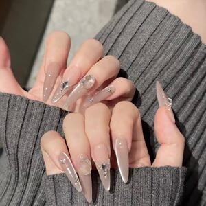 林先生高级感手工穿戴甲猫眼爆闪钻石满天星中长美甲新娘显白婚甲