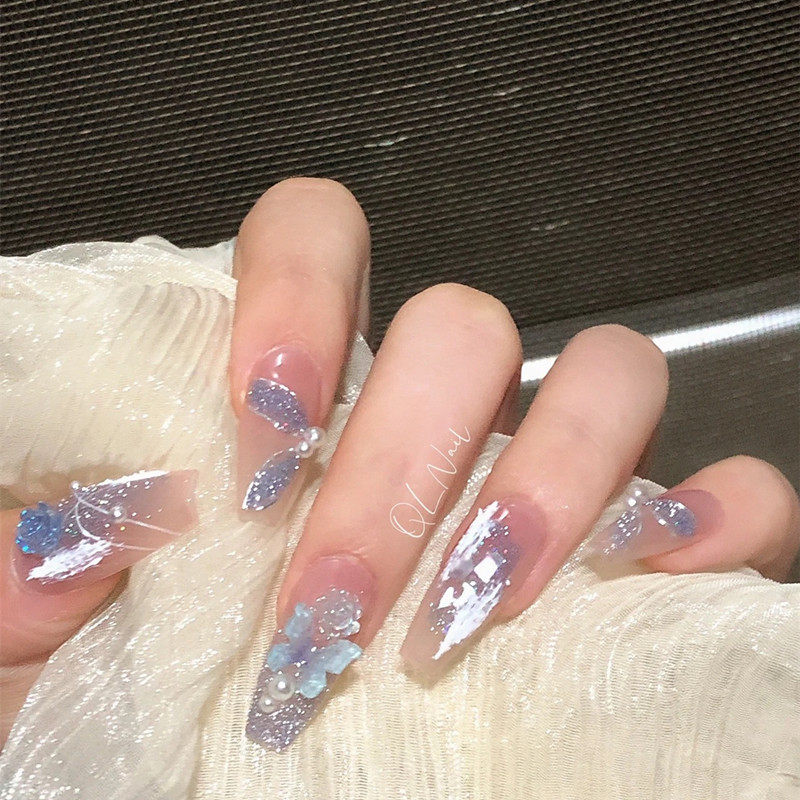 假指甲可取可带蓝色变光山茶花碎钻穿戴甲可拆卸美甲手工光疗甲片