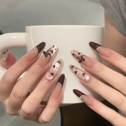 巧克力棕法式猫眼爱心假指甲