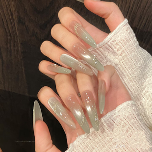 林先生手工穿戴甲春夏冰透薄荷猫眼渐变镀晶高级感显白可拆卸美甲