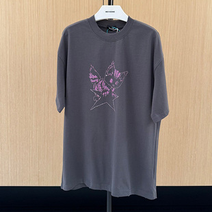 we11doneshark杨超越吴谨言猫咪卡通手绘铅笔五角星烫钻印花短袖