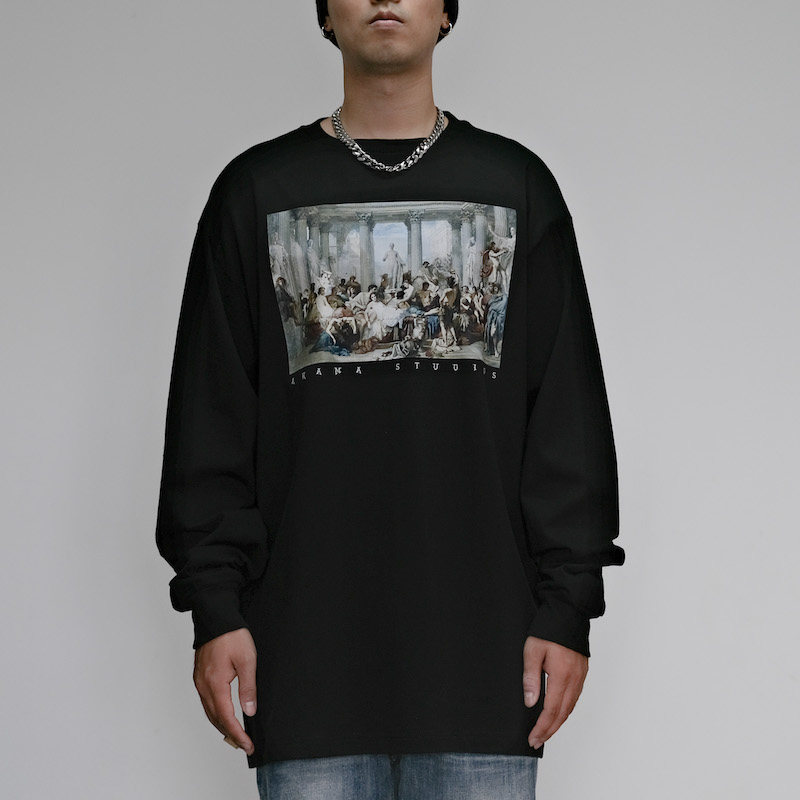 akama嘻哈艺术油画印花长袖T恤