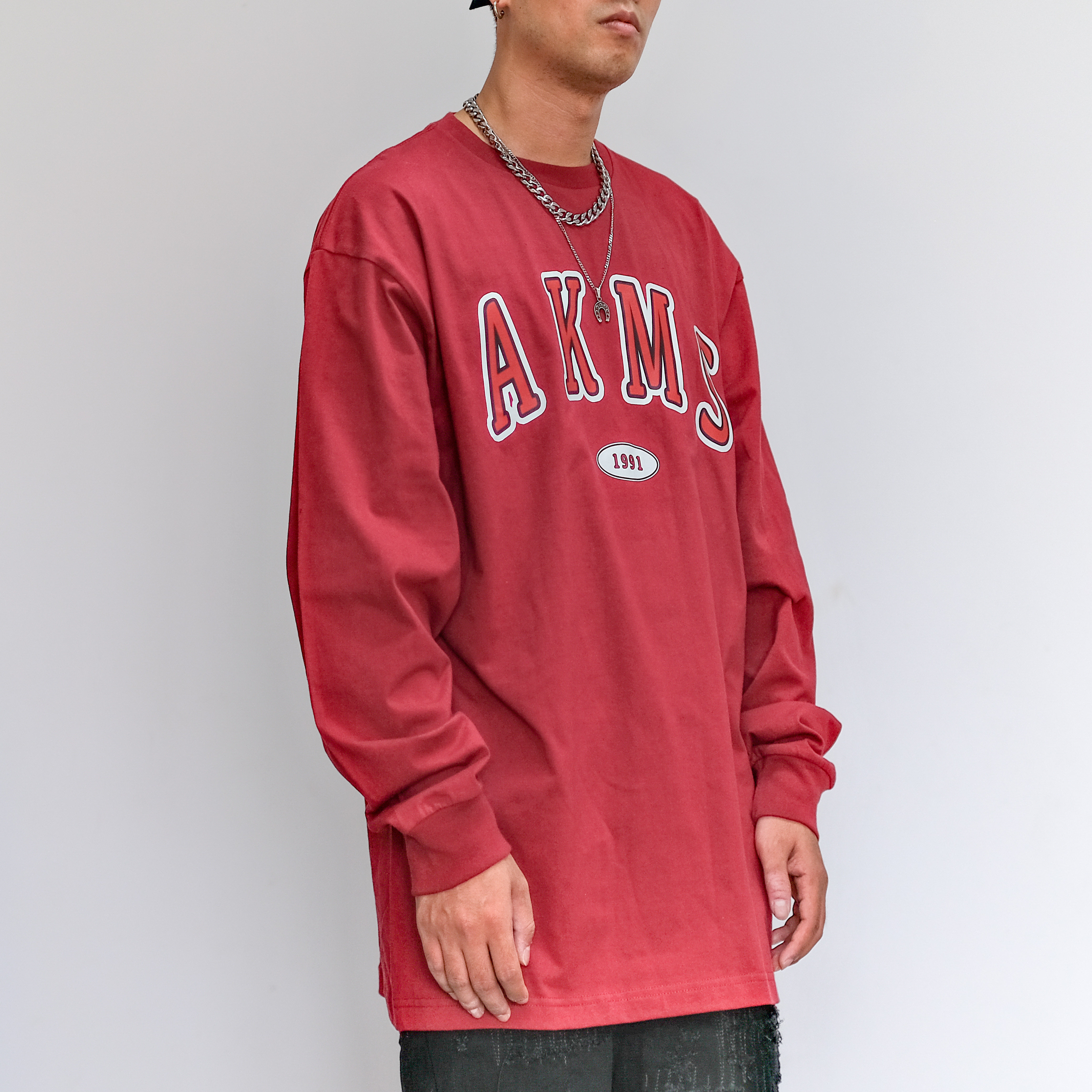 akama原创酒红色嘻哈长袖上衣