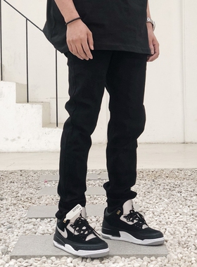 akama欧美高街弹力休闲百搭长裤美式直筒微修身黑色牛仔裤男春秋